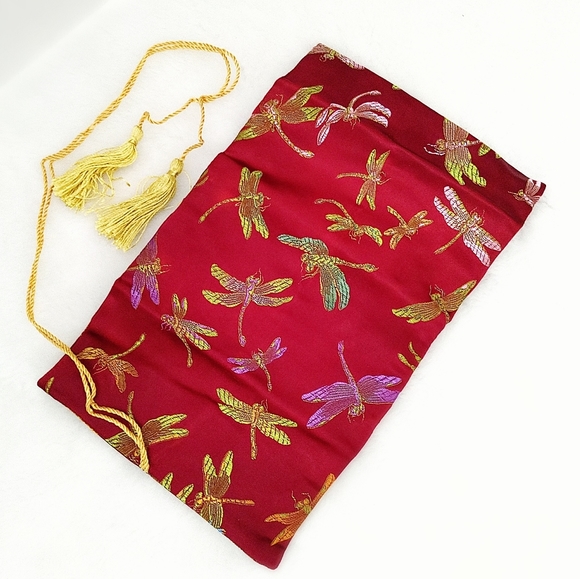 Red Brocade Jewelry Organizer Roll Bag Travel Jewel Pouch Woven Dragonfly Large - Picture 4 of 11